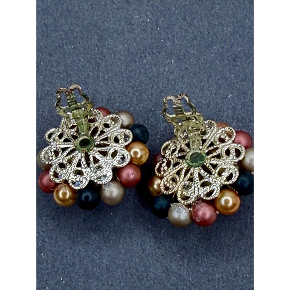 Vintage Japan Multicolor Faux Pearl Cluster Clip-On Statement Earrings - Picture 6 of 11